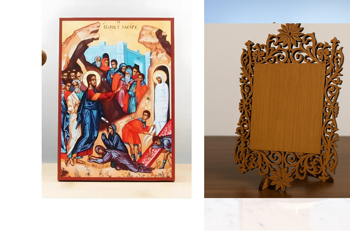 Εικόνα Ορθοδοξίας Δαντέλα μαζι με  Βάση σε  8 χρώματα με περίγραμμα χρυσό σε ξύλο Plywood (Πλακάζ)   με  βάση Ο Ιησούς Χριστός Ανάσταση του Λαζάρου, Ξύλινη Χειροποίητη Εικόνα Ελληνικής Premium Βυζαντινού Στυλ τοίχου Κρεμασμένη σε ξύλινη πλάκα Ορθόδοξο θρη