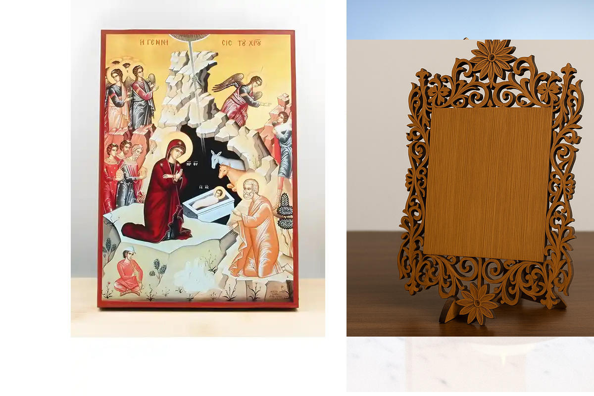 Σετ 2 τεμαχίων – Εικόνα Ορθοδοξίας Δαντέλα μαζι με  Βάση σε  8 χρώματα με περίγραμμα χρυσό σε ξύλο Plywood (Πλακάζ)   με  βάση Γένεσις του Ιησού Χριστού, Ξύλινη Χειροποίητη Εικόνα Ελληνικού Premium Βυζαντινού Στυλ Κρεμασμένο σε ξύλινη πλάκα Ορθόδοξο Θρησκ