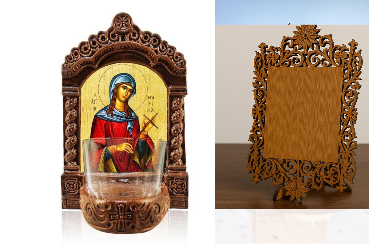 Εικόνα Ορθοδοξίας Δαντέλα μαζι με  Βάση σε  8 χρώματα με περίγραμμα χρυσό σε ξύλο Plywood (Πλακάζ)   με  βάση Φωτιστικό Αγρυπνίας Αγίας Μαρίνας, Αγία Μαρίνα η Μεγαλομάρτυς Ελληνική Επιτραπέζια Εικόνα, Χειροποίητο Κεραμικό Φωτιστικό με Γυάλινο Κύπελλο Διάσ