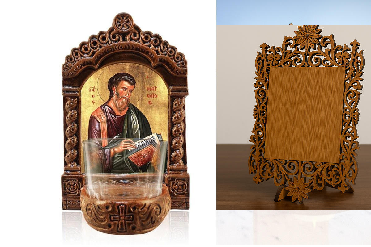 Εικόνα Ορθοδοξίας Δαντέλα μαζι με  Βάση σε  8 χρώματα με περίγραμμα χρυσό σε ξύλο Plywood (Πλακάζ)   με  βάση Αγρυπνός Άγιος Ματθαίος, Άγιος Ματθαίος ο Απόστολος Ελληνικής κατασκευής Επιτραπέζια εικόνα, Χειροποίητο Κεραμικό Φωτιστικό με Γυάλινο Κύπελλο Δι