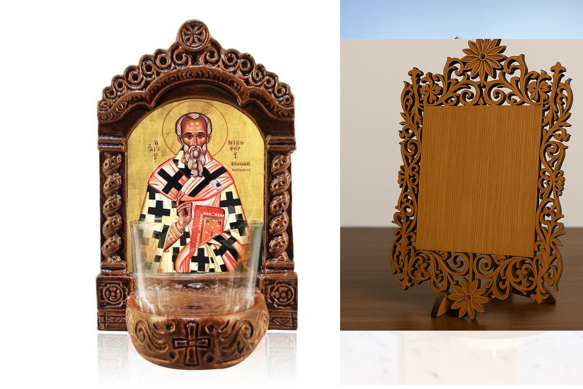 Εικόνα Ορθοδοξίας Δαντέλα μαζι με  Βάση σε  8 χρώματα με περίγραμμα χρυσό σε ξύλο Plywood (Πλακάζ)   με  βάση Φωτιστικό Αγρυπνού Αγίου Νικηφόρου, Επιτραπέζια εικόνα του Αγίου Νικηφόρου Κωνσταντινουπόλεως Ελληνικής κατασκευής, Χειροποίητο Κεραμικό Φωτιστικ