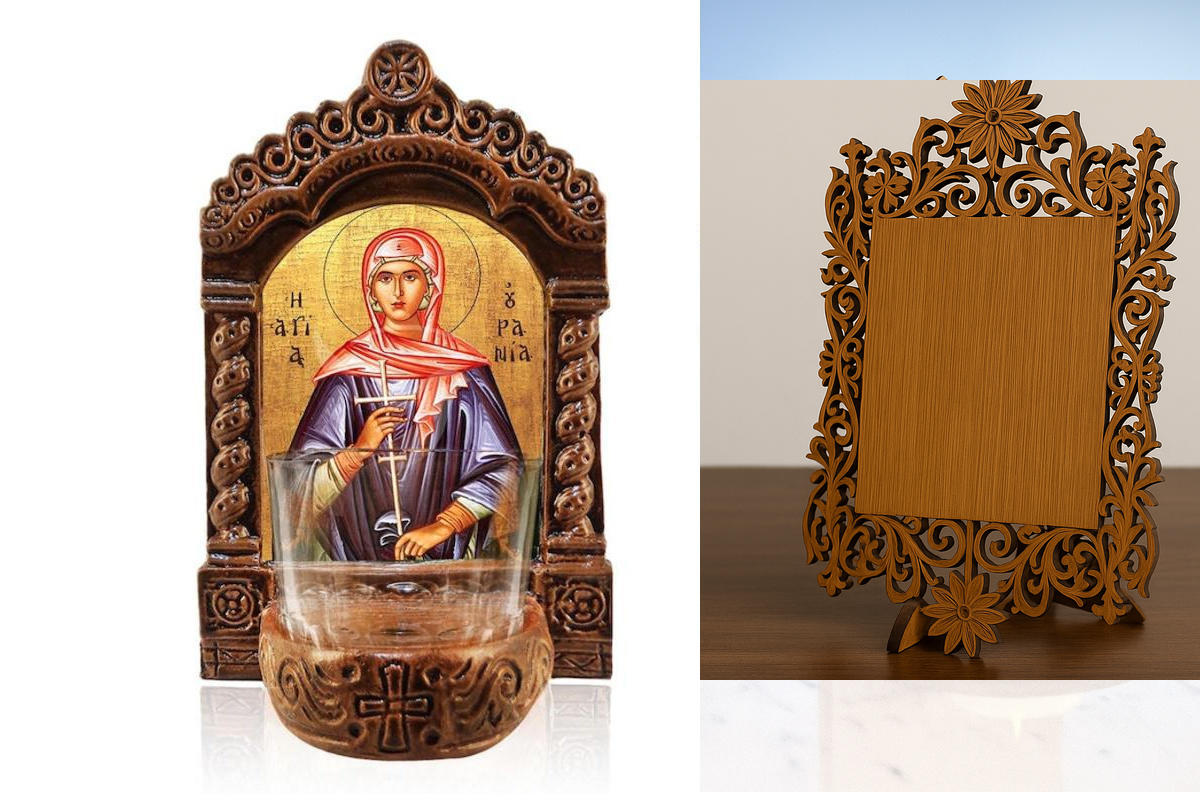 Εικόνα Ορθοδοξίας Δαντέλα μαζι με  Βάση σε  8 χρώματα με περίγραμμα χρυσό σε ξύλο Plywood (Πλακάζ)   με  βάση Φωτιστικό Αγρυπνίας Αγίας Ουρανίας, Επιτραπέζιο Εικονίδιο Ελληνικής κατασκευής Αγίας Ουρανίας, Χειροποίητο Κεραμικό Φωτιστικό με Γυάλινο Κύπελλο