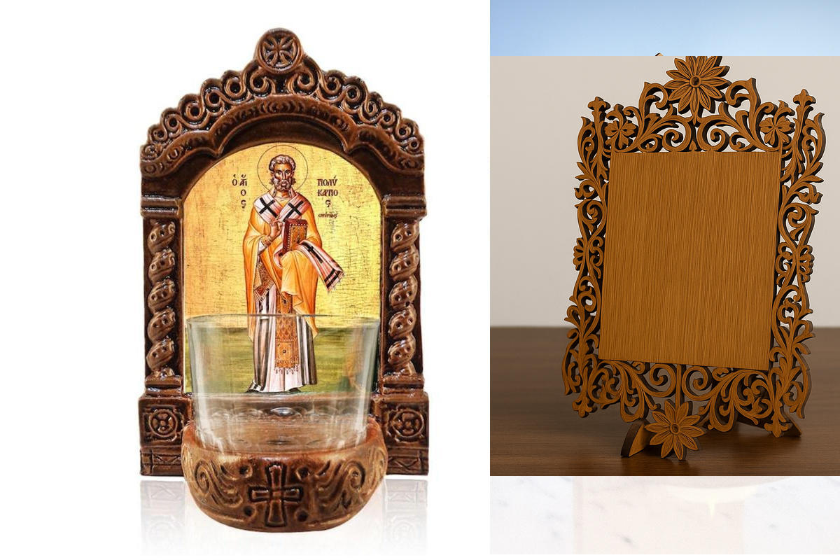 Εικόνα Ορθοδοξίας Δαντέλα μαζι με  Βάση σε  8 χρώματα με περίγραμμα χρυσό σε ξύλο Plywood (Πλακάζ)   με  βάση Αγρυπνός Άγιος Πολύκαρπος, Άγιος Πολύκαρπος Σμύρνης Ελληνική Επιτραπέζια Εικόνα, Χειροποίητο Κεραμικό Φωτιστικό με Γυάλινο Κύπελλο Διάσταση 40x30