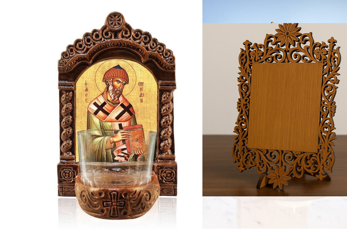 Εικόνα Ορθοδοξίας Δαντέλα μαζι με  Βάση σε  8 χρώματα με περίγραμμα χρυσό σε ξύλο Plywood (Πλακάζ)   με  βάση Φωτιστικό Αγρυπνίας Αγίου Σπυρίδωνος, Εικονίδιο Επιτραπέζιας Ελληνικής κατασκευής Αγίου Σπυρίδωνος Τριμυθούς, Χειροποίητο Κεραμικό Φωτιστικό με Γ