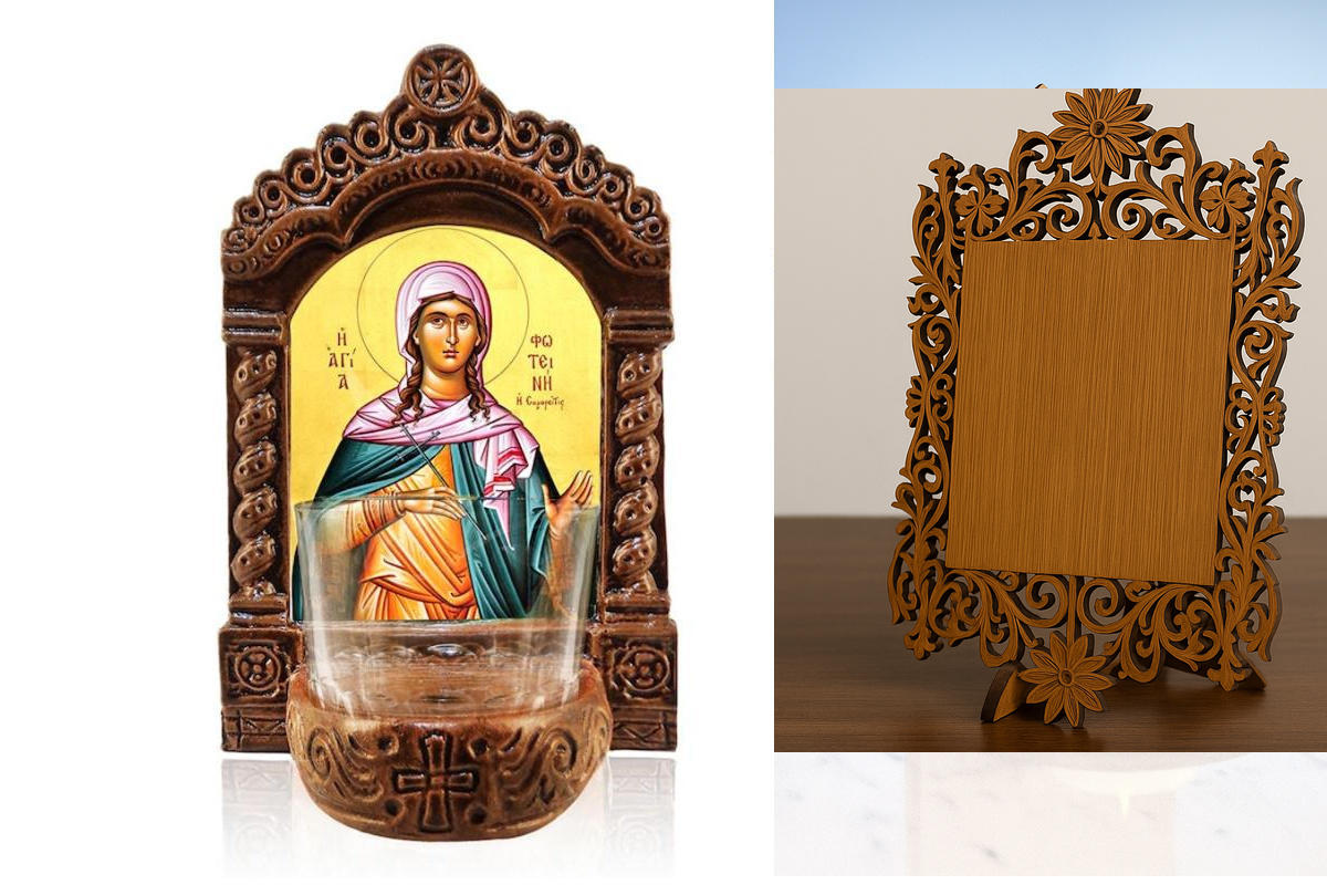 Εικόνα Ορθοδοξίας Δαντέλα μαζι με  Βάση σε  8 χρώματα με περίγραμμα χρυσό σε ξύλο Plywood (Πλακάζ)   με  βάση Φωτιστικό Αγρυπνίας Αγίας Φωτεινής, Αγία Φωτεινή η Σαμαρείτιδα Ελληνική Επιτραπέζια Εικόνα, Χειροποίητο Κεραμικό Φωτιστικό Αγρυπνίας με Γυάλινο Κ