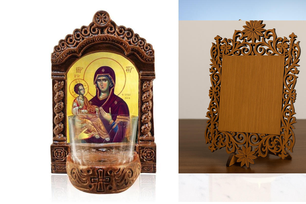 Εικόνα Ορθοδοξίας Δαντέλα μαζι με  Βάση σε  8 χρώματα με περίγραμμα χρυσό σε ξύλο Plywood (Πλακάζ)   με  βάση Παναγία Αγρυπνία Παναγία, Παναγία των Τριών Χεριών Ελληνική Επιτραπέζια Εικόνα, Χειροποίητο Κεραμικό Φωτιστικό με Γυάλινο Κύπελλο Διάσταση 40x30