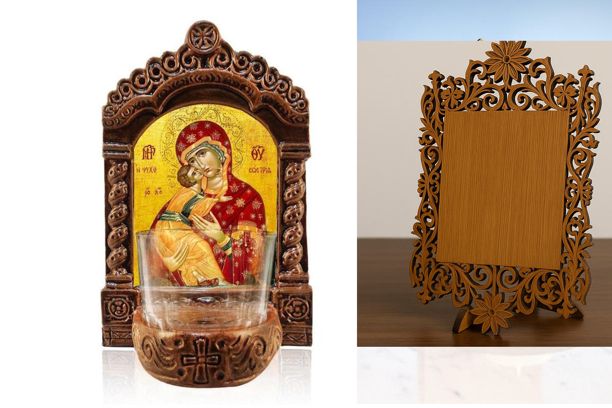 Εικόνα Ορθοδοξίας Δαντέλα μαζι με  Βάση σε  8 χρώματα με περίγραμμα χρυσό σε ξύλο Plywood (Πλακάζ)   με  βάση Παναγία Αγρυπνία, Παναγία η Σωτήρας των Ψυχών Ελληνικής κατασκευής Επιτραπέζια Εικόνα, Χειροποίητο Κεραμικό Φωτιστικό με Γυάλινο Κύπελλο Διάσταση