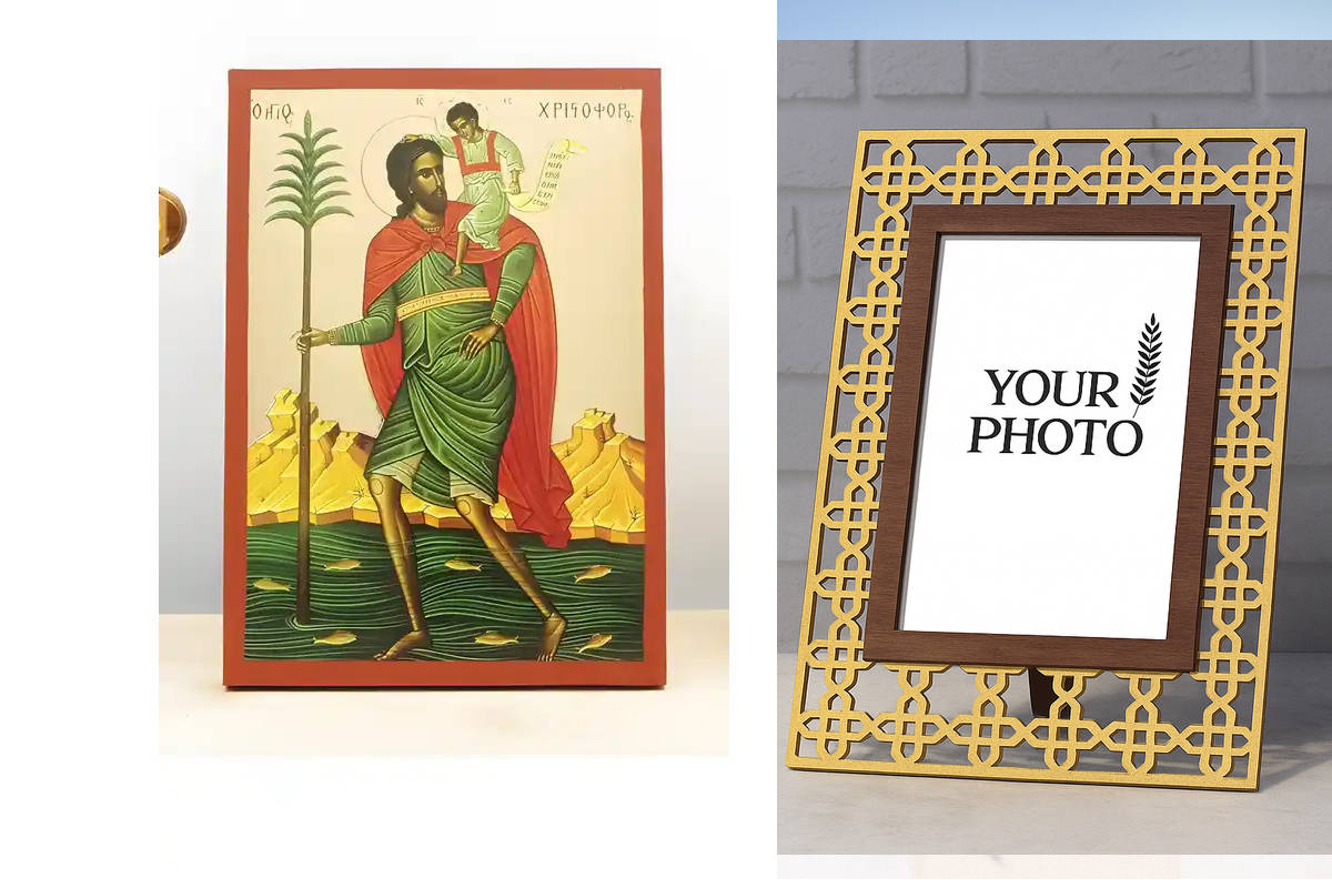 Εικόνα Ορθοδοξίας Πολυτελείας  με  σχεδιο Σταυρούς μαζι με  Βάση σε  8 χρώματα με περίγραμμα χρυσό σε ξύλο Plywood (Πλακάζ)   με  βάση Άγιος Χριστόφορος με τον Ιησού Χριστό, Ξύλινη Χειροποίητη Εικόνα με Χρυσό Φύλλο Ελληνικό Premium Βυζαντινού Στυλ Κρεμαστ