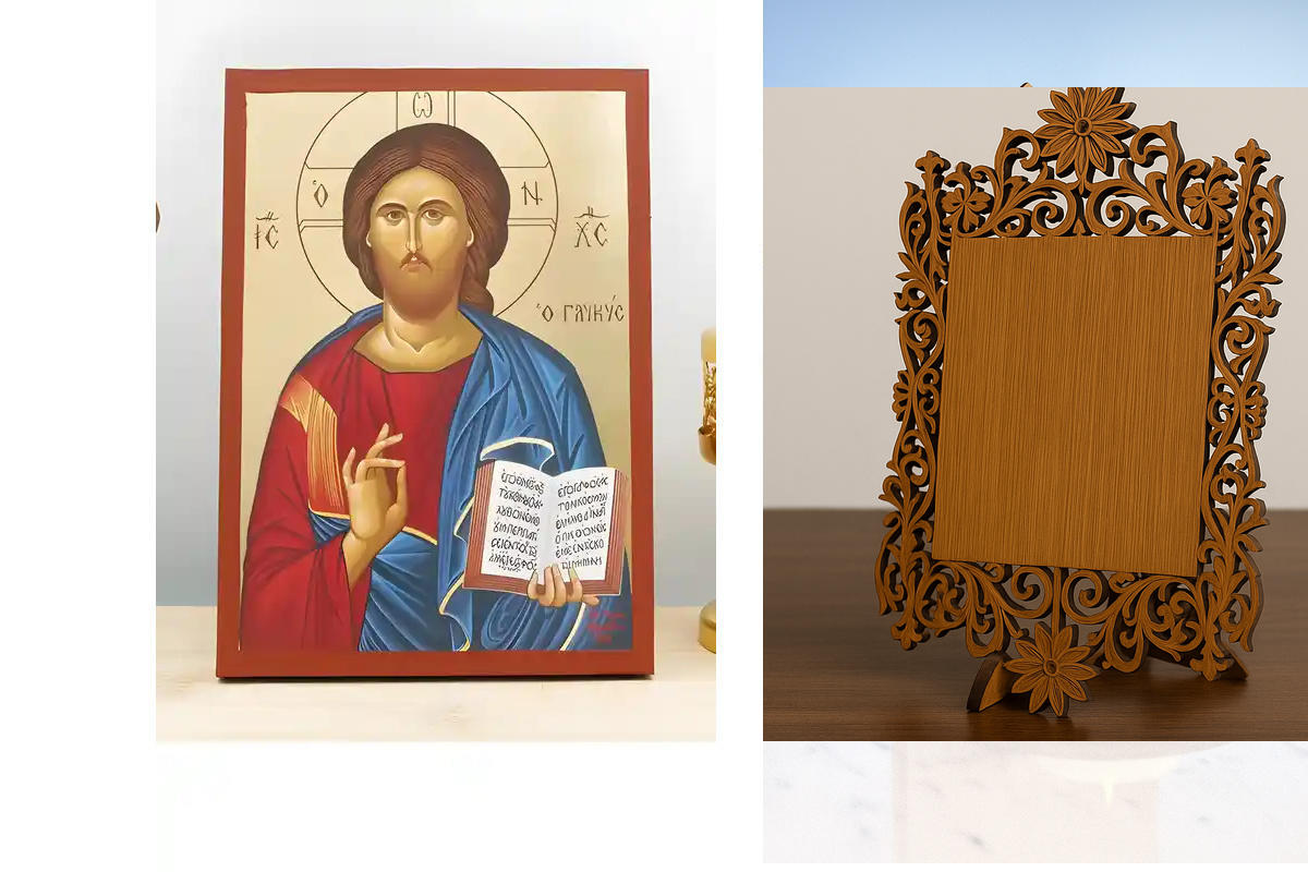 Εικόνα Ορθοδοξίας Δαντέλα μαζι με  Βάση σε  8 χρώματα με περίγραμμα χρυσό σε ξύλο Plywood (Πλακάζ)   με  βάση Ο Ιησούς Χριστός Ευλογεί «το Γλυκό», Ξύλινη Χειροποίητη Εικόνα με Ψηφιακή Εκτύπωση Ελληνικό Premium Βυζαντινού Στυλ τοίχου Κρεμασμένο σε ξύλινη π