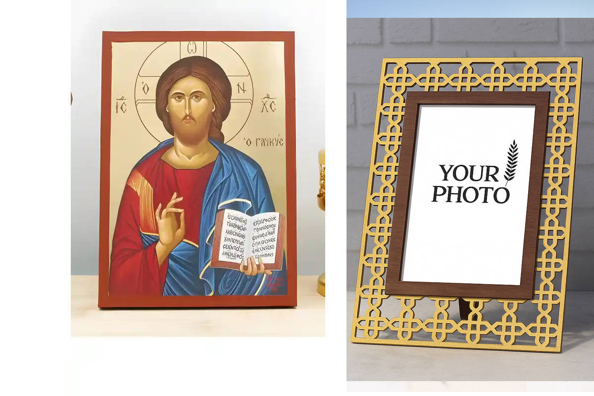 Εικόνα Ορθοδοξίας Πολυτελείας  με  σχεδιο Σταυρούς μαζι με  Βάση σε  8 χρώματα με περίγραμμα χρυσό σε ξύλο Plywood (Πλακάζ)   με  βάση Ο Ιησούς Χριστός Ευλογεί «το Γλυκό», Ξύλινη Χειροποίητη Εικόνα με Ψηφιακή Εκτύπωση Ελληνικό Premium Βυζαντινού Στυλ τοίχ