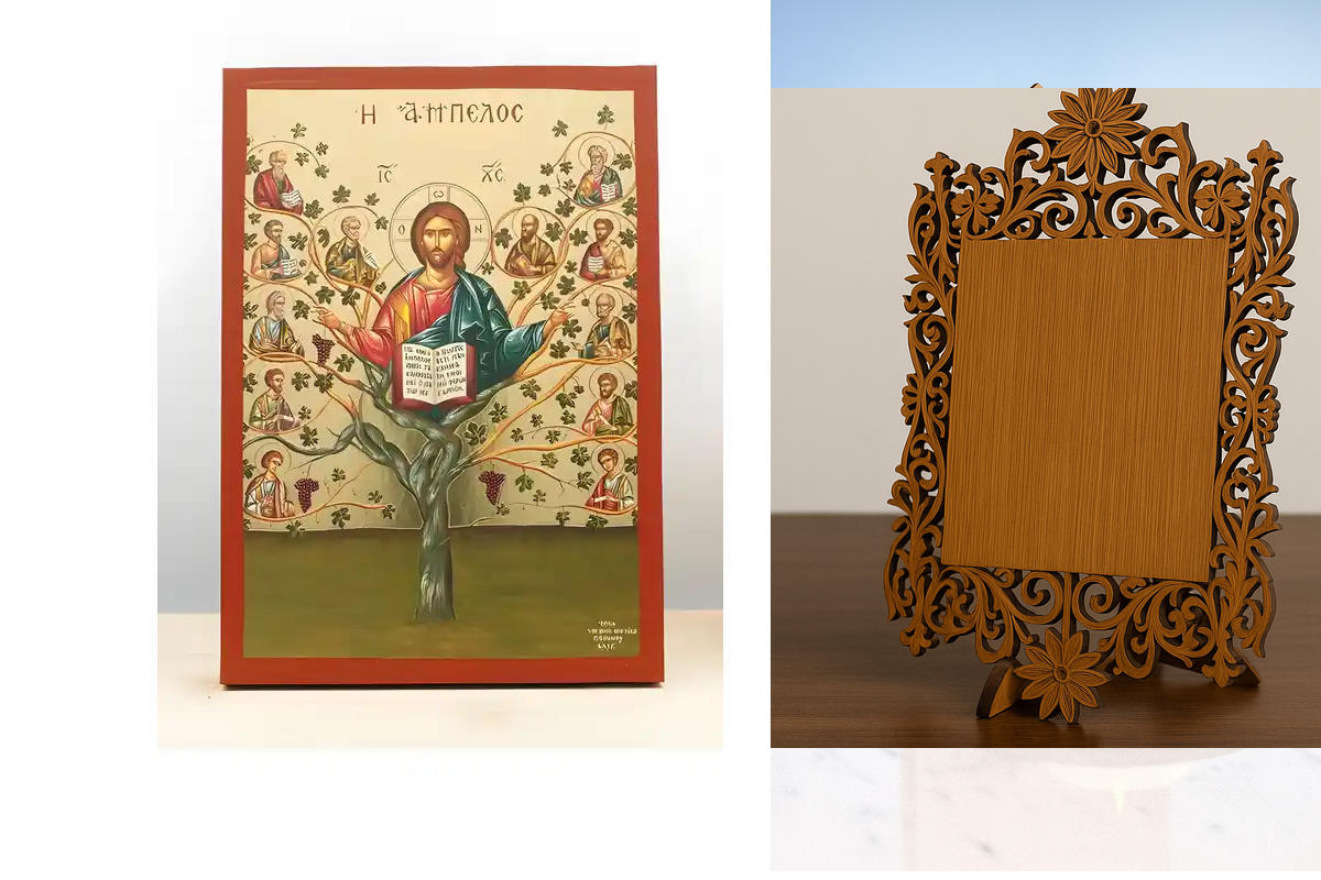 Εικόνα Ορθοδοξίας Δαντέλα μαζι με  Βάση σε  8 χρώματα με περίγραμμα χρυσό σε ξύλο Plywood (Πλακάζ)   με  βάση Ο Ιησούς Χριστός με τους Αποστόλους στο Αμπέλου "Άμπελος", Ξύλινη Χειροποίητη Εικόνα με Φύλλο Χρυσού Ελληνικού Βυζαντινού Στυλ Κρεμαστή σε Πλάκα