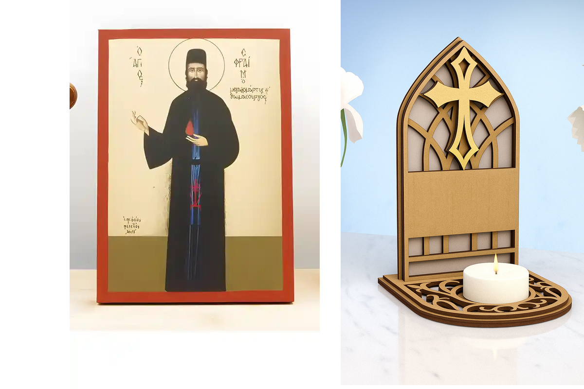 Εικόνα Ορθοδοξίας Καντηλάκι σε  8 χρώματα με περίγραμμα χρυσό σε ξύλο Plywood (Πλακάζ)   με  βάση Άγιος Εφραίμ Νέας Μάκρης ο Νεομάρτυς, Ξύλινη Χειροποίητη Εικόνα με Ψηφιακή Εκτύπωση Ελληνικό Premium Βυζαντινού Στυλ Κρεμαστό τοίχου Θρησκευτικό Θέμα Χειροπο