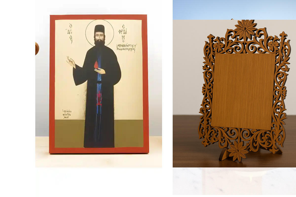 Σετ 2 τεμαχίων – Εικόνα Ορθοδοξίας Δαντέλα μαζι με  Βάση σε  8 χρώματα με περίγραμμα χρυσό σε ξύλο Plywood (Πλακάζ)   με  βάση Άγιος Εφραίμ Νέας Μάκρης ο Νεομάρτυς, Ξύλινη Χειροποίητη Εικόνα με Ψηφιακή Εκτύπωση Ελληνικό Premium Βυζαντινού Στυλ Κρεμαστό το