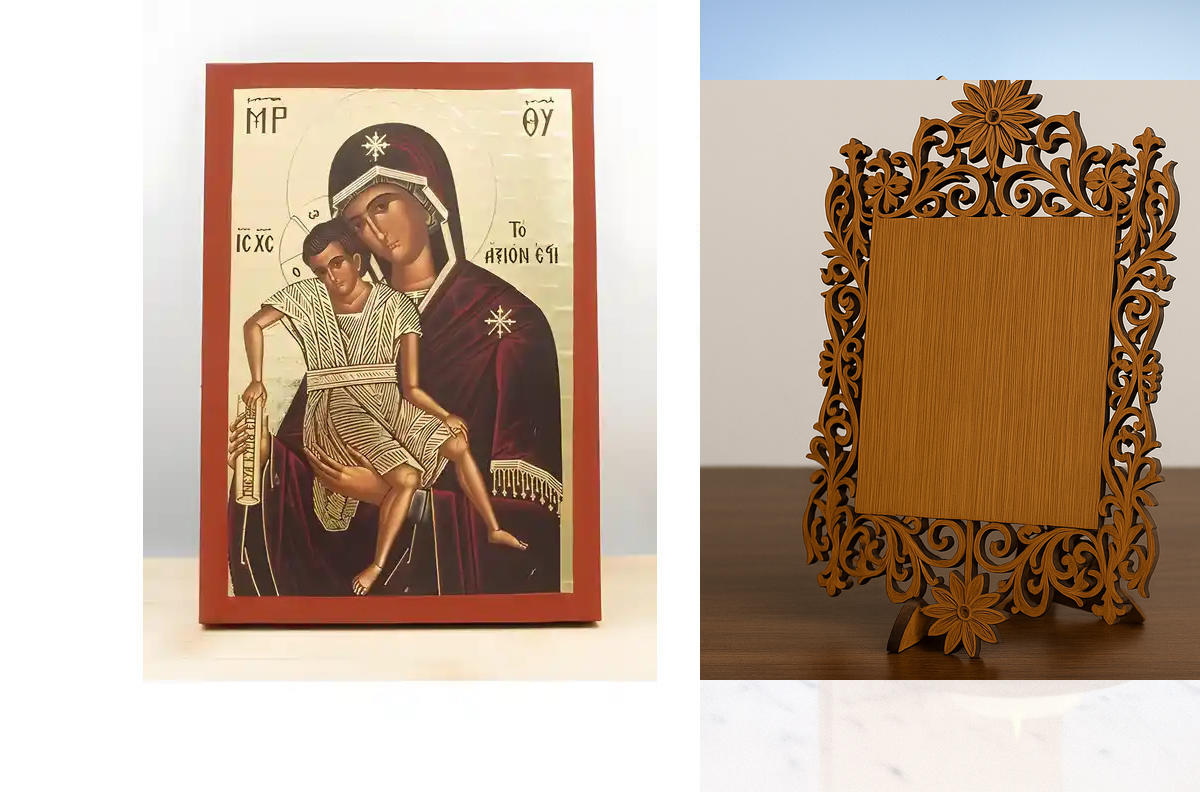 Εικόνα Ορθοδοξίας Δαντέλα μαζι με  Βάση σε  8 χρώματα με περίγραμμα χρυσό σε ξύλο Plywood (Πλακάζ)   με  βάση Παναγία Άξιον Εστίν με τον Ιησού, Ξύλινη Χειροποίητη Εικόνα με χρυσό φύλλο Χαρακτική Ελληνικής Βυζαντινής τεχνοτροπίας Κρεμαστή σε ξύλινη πλάκα Χ