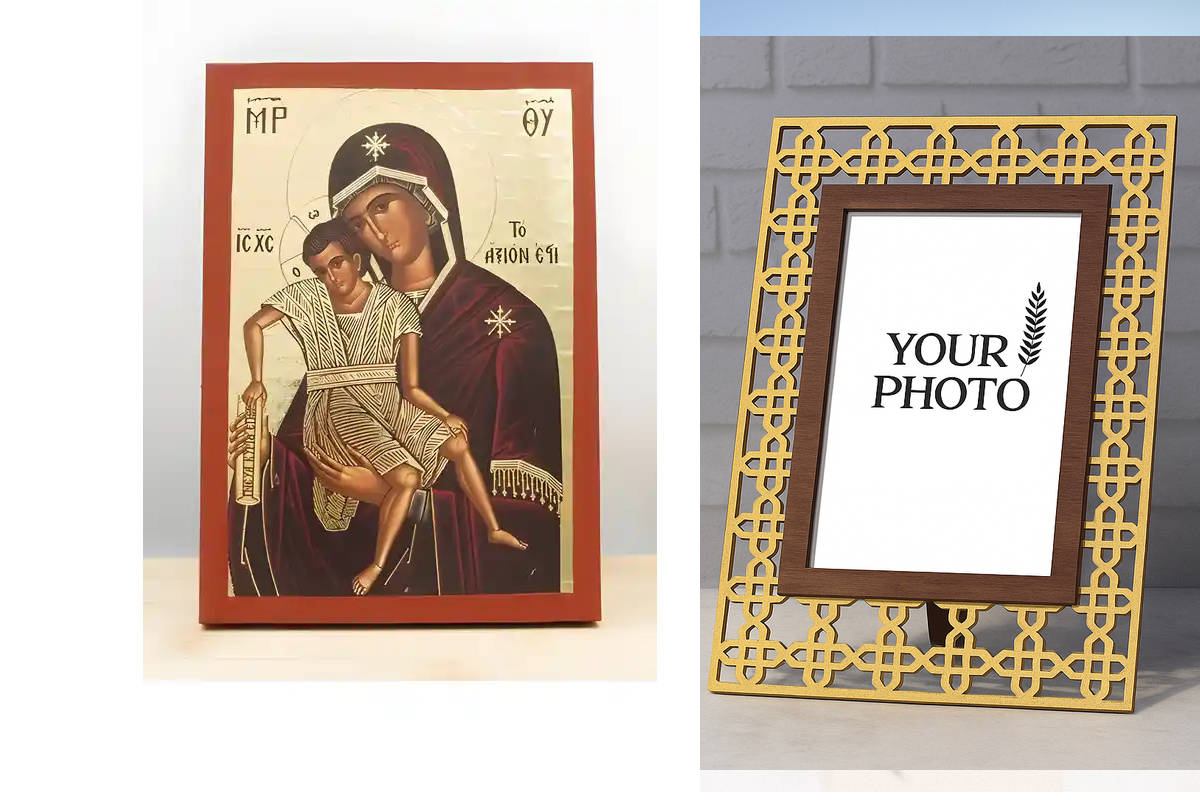 Εικόνα Ορθοδοξίας Πολυτελείας  με  σχεδιο Σταυρούς μαζι με  Βάση σε  8 χρώματα με περίγραμμα χρυσό σε ξύλο Plywood (Πλακάζ)   με  βάση Παναγία Άξιον Εστίν με τον Ιησού, Ξύλινη Χειροποίητη Εικόνα με χρυσό φύλλο Χαρακτική Ελληνικής Βυζαντινής τεχνοτροπίας Κ