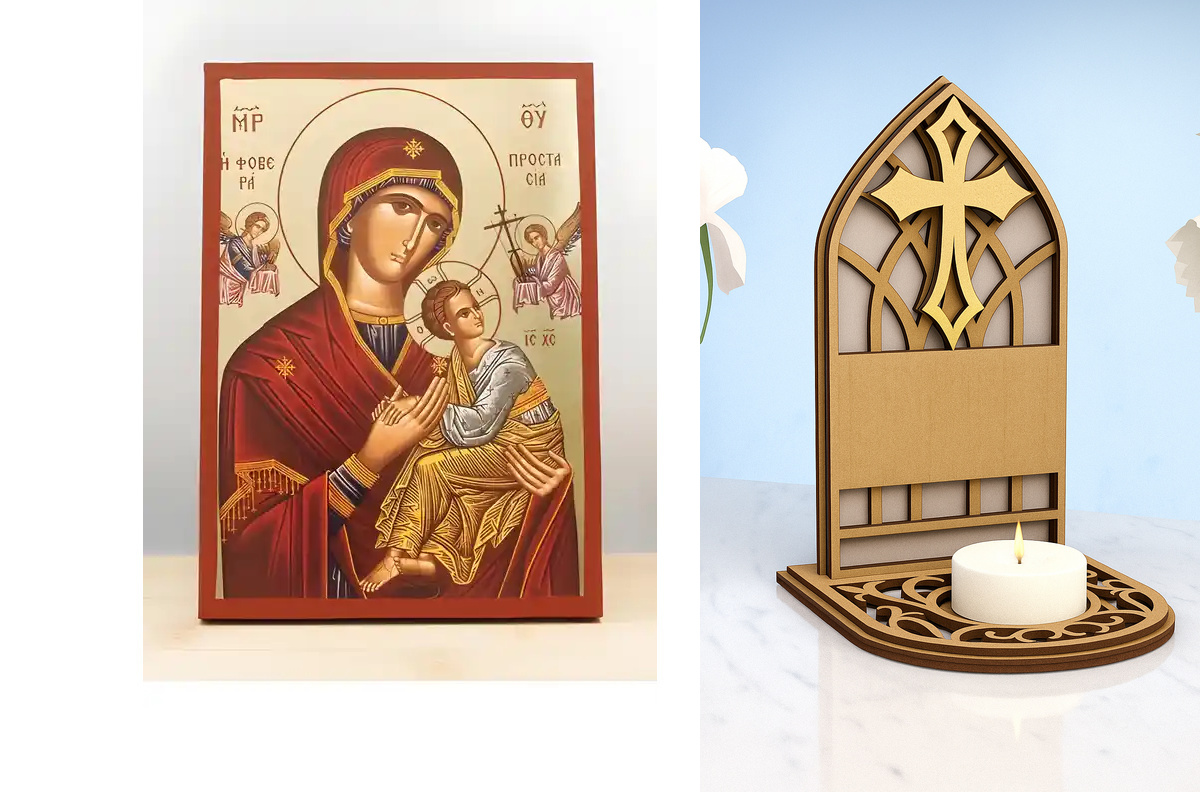 Εικόνα Ορθοδοξίας Καντηλάκι σε  8 χρώματα με περίγραμμα χρυσό σε ξύλο Plywood (Πλακάζ)   με  βάση Παναγία Φοβερό Προστασία "Φοβερά Προστασία" με Ιησού, Ξύλινη Χειροποίητη Εικόνα με Αλουμινόχαρτο Ελληνικό Premium Βυζαντινό Στυλ επιτοίχια Χειροποίητη Ελληνο