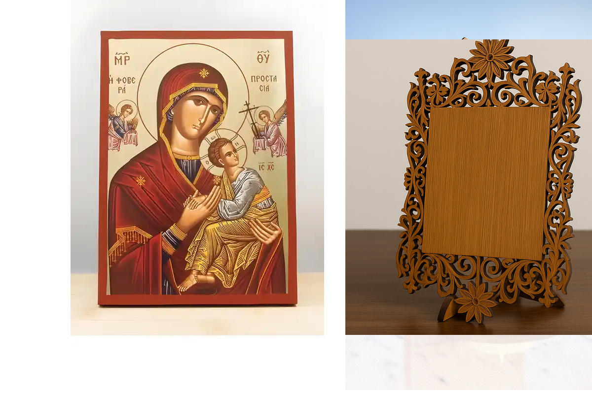 Εικόνα Ορθοδοξίας Δαντέλα μαζι με  Βάση σε  8 χρώματα με περίγραμμα χρυσό σε ξύλο Plywood (Πλακάζ)   με  βάση Παναγία Φοβερό Προστασία "Φοβερά Προστασία" με Ιησού, Ξύλινη Χειροποίητη Εικόνα με Αλουμινόχαρτο Ελληνικό Premium Βυζαντινό Στυλ επιτοίχια Χειροπ