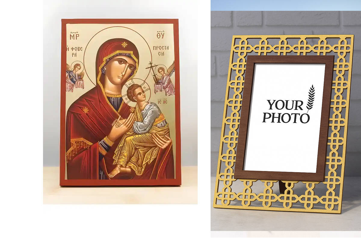 Εικόνα Ορθοδοξίας Πολυτελείας  με  σχεδιο Σταυρούς μαζι με  Βάση σε  8 χρώματα με περίγραμμα χρυσό σε ξύλο Plywood (Πλακάζ)   με  βάση Παναγία Φοβερό Προστασία "Φοβερά Προστασία" με Ιησού, Ξύλινη Χειροποίητη Εικόνα με Αλουμινόχαρτο Ελληνικό Premium Βυζαντ