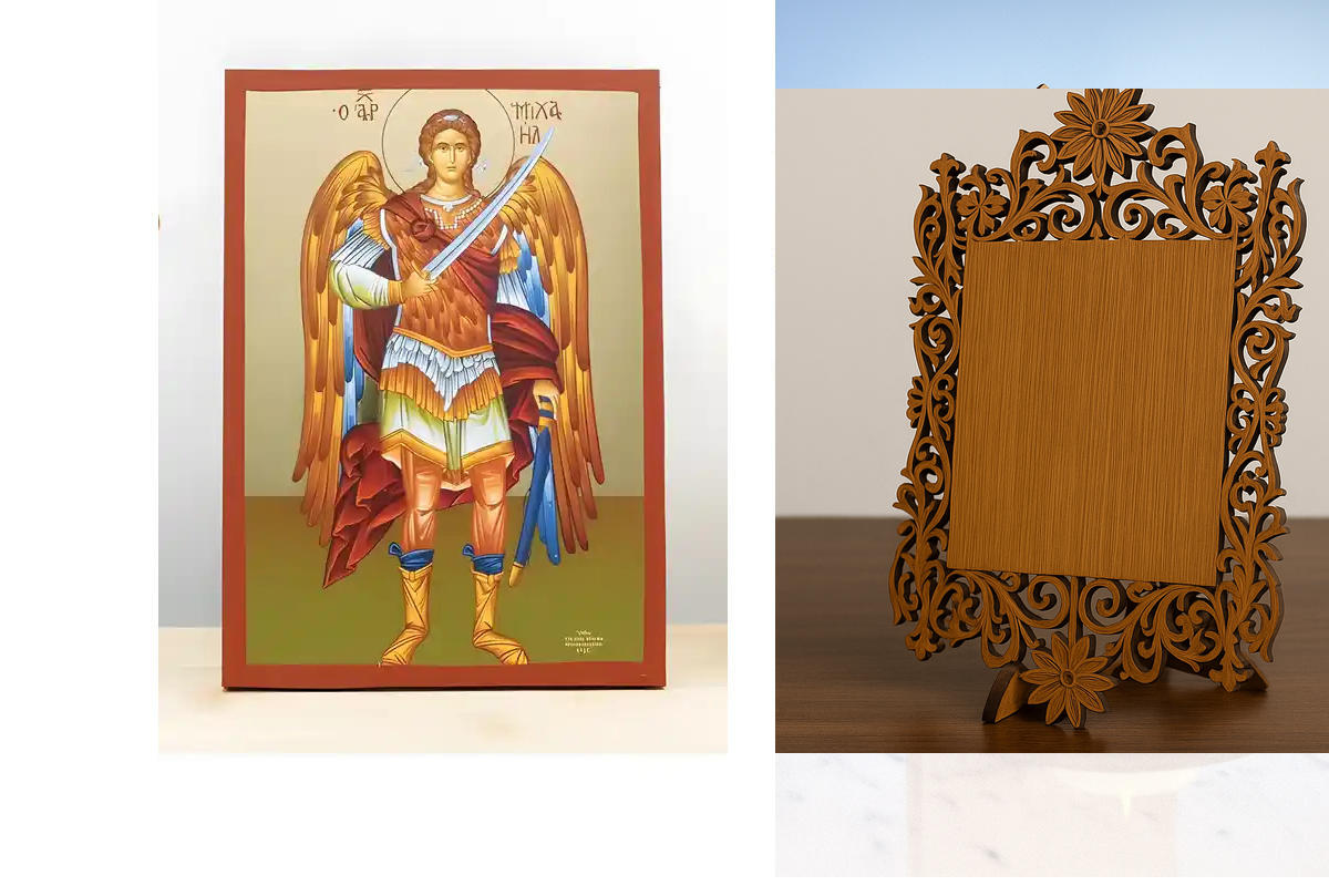 Σετ 2 τεμαχίων – Εικόνα Ορθοδοξίας Δαντέλα μαζι με  Βάση σε  8 χρώματα με περίγραμμα χρυσό σε ξύλο Plywood (Πλακάζ)   με  βάση Αρχάγγελος Μιχαήλ Ολόσωμο, Ξύλινη Χειροποίητη Εικόνα με χρυσό φύλλο Ελληνικού Premium Βυζαντινού Στυλ Κρεμασμένο σε ξύλινη πλάκα