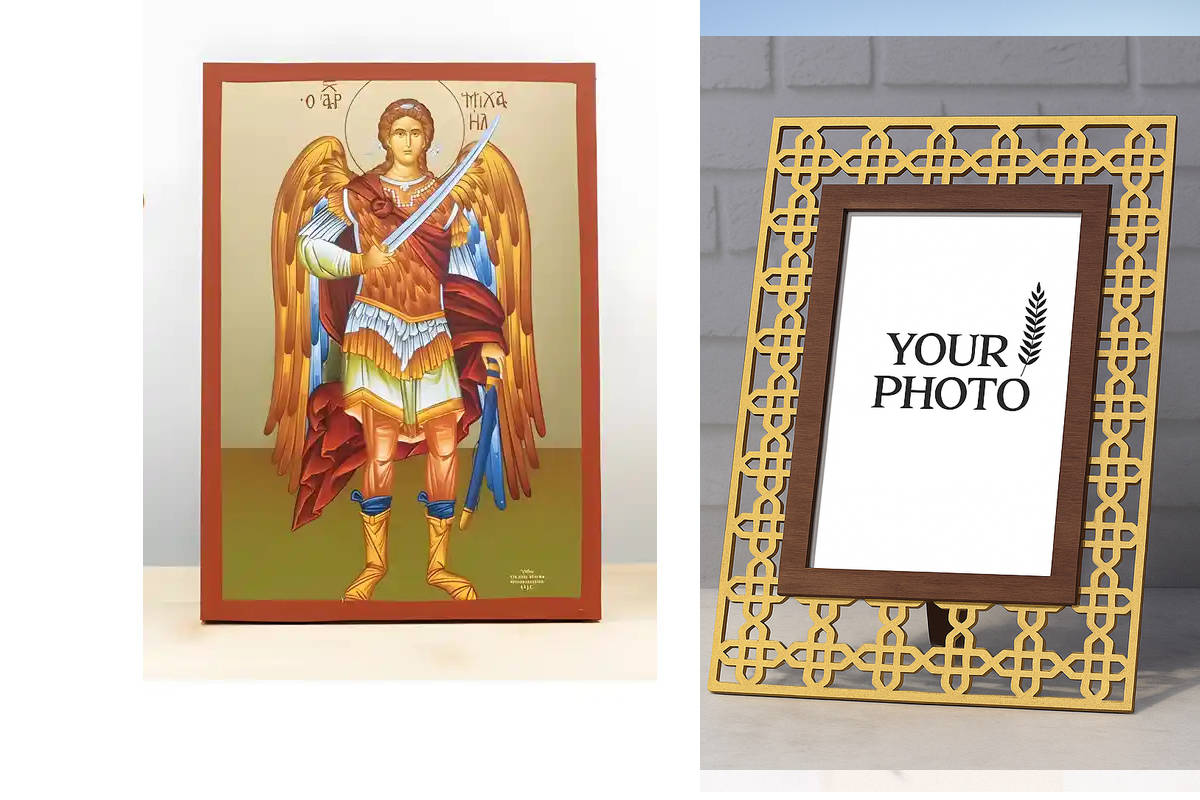 Εικόνα Ορθοδοξίας Πολυτελείας  με  σχεδιο Σταυρούς μαζι με  Βάση σε  8 χρώματα με περίγραμμα χρυσό σε ξύλο Plywood (Πλακάζ)   με  βάση Αρχάγγελος Μιχαήλ Ολόσωμο, Ξύλινη Χειροποίητη Εικόνα με χρυσό φύλλο Ελληνικού Premium Βυζαντινού Στυλ Κρεμασμένο σε ξύλι