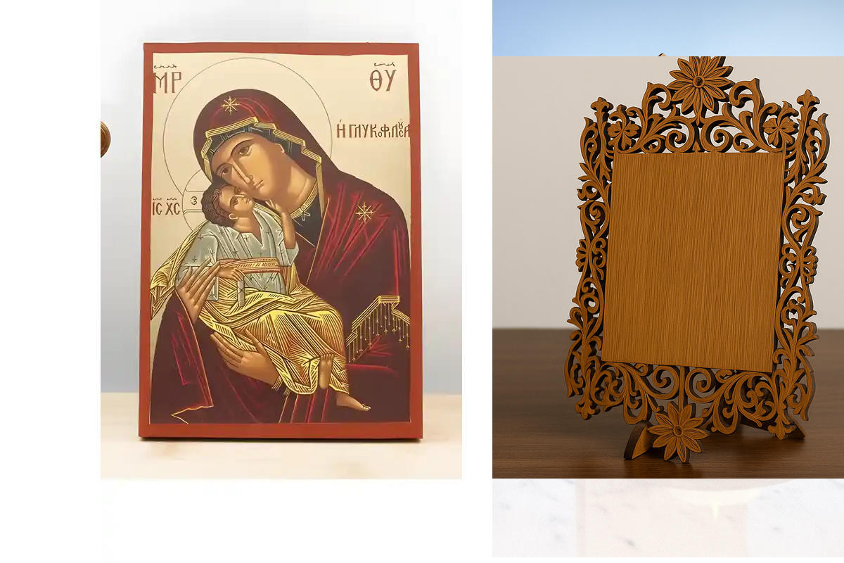 Εικόνα Ορθοδοξίας Δαντέλα μαζι με  Βάση σε  8 χρώματα με περίγραμμα χρυσό σε ξύλο Plywood (Πλακάζ)   με  βάση Παναγία Γλυκό Φιλί «Γλυκοφιλούσα» με τον Ιησού, Ξύλινη Χειροποίητη Εικόνα με Ψηφιακή Εκτύπωση Ελληνικό Premium Βυζαντινό Στυλ Επιτοίχιο Θρησκευτι