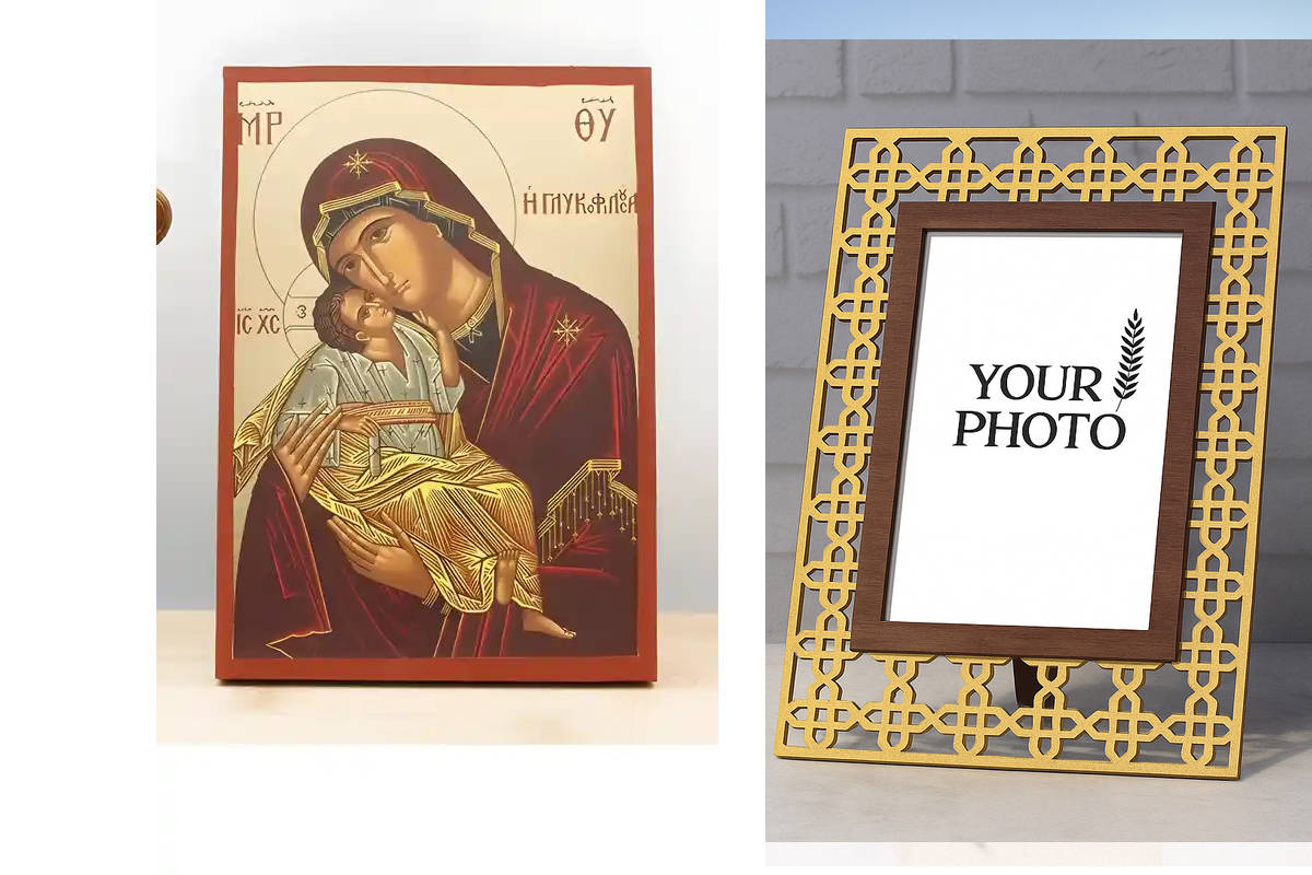 Εικόνα Ορθοδοξίας Πολυτελείας  με  σχεδιο Σταυρούς μαζι με  Βάση σε  8 χρώματα με περίγραμμα χρυσό σε ξύλο Plywood (Πλακάζ)   με  βάση Παναγία Γλυκό Φιλί «Γλυκοφιλούσα» με τον Ιησού, Ξύλινη Χειροποίητη Εικόνα με Ψηφιακή Εκτύπωση Ελληνικό Premium Βυζαντινό