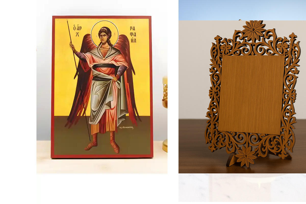 Εικόνα Ορθοδοξίας Δαντέλα μαζι με  Βάση σε  8 χρώματα με περίγραμμα χρυσό σε ξύλο Plywood (Πλακάζ)   με  βάση Αρχάγγελος Ραφαήλ Ολόσωμο, Ξύλινη Χειροποίητη Εικόνα Ελληνικού Premium Βυζαντινού Στυλ Κρεμασμένο σε ξύλινη πλάκα Θρησκευτικό θέμα Χειροποίητη Ελ