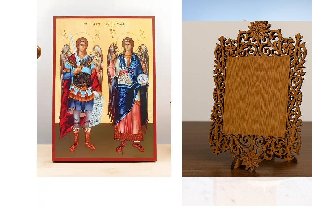 Εικόνα Ορθοδοξίας Δαντέλα μαζι με  Βάση σε  8 χρώματα με περίγραμμα χρυσό σε ξύλο Plywood (Πλακάζ)   με  βάση Αρχάγγελοι Μιχαήλ και Γαβριήλ "Ταξιάρχες", Ξύλινη Χειροποίητη Εικόνα Ελληνικού Βυζαντινού Στυλ Κρεμαστή σε Ξύλινη Πλάκα Θρησκευτικό Θέμα Χειροποί
