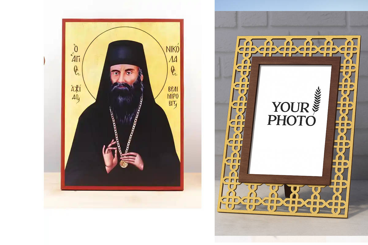 Εικόνα Ορθοδοξίας Πολυτελείας  με  σχεδιο Σταυρούς μαζι με  Βάση σε  8 χρώματα με περίγραμμα χρυσό σε ξύλο Plywood (Πλακάζ)   με  βάση Άγιος Νικόλαος "Νικόλαος" Βελιμίροβιτς της Σερβίας, Ξύλινη Χειροποίητη Εικόνα Ελληνικού Premium Βυζαντινού Στυλ Κρεμασμέ