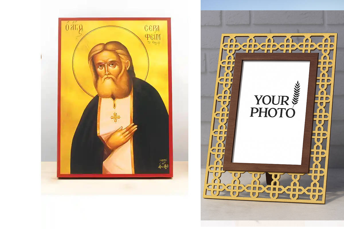 Εικόνα Ορθοδοξίας Πολυτελείας  με  σχεδιο Σταυρούς μαζι με  Βάση σε  8 χρώματα με περίγραμμα χρυσό σε ξύλο Plywood (Πλακάζ)   με  βάση Άγιος Σεραφείμ του Σάρωφ, Ξύλινη Χειροποίητη Εικόνα Ελληνικού Βυζαντινού Στυλ Κρεμασμένη σε ξύλινη πλάκα Χειροποίητη Ελλ