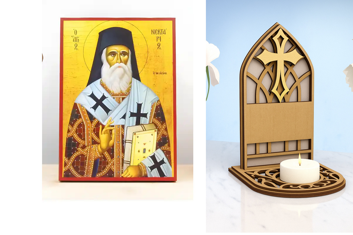 Εικόνα Ορθοδοξίας Καντηλάκι σε  8 χρώματα με περίγραμμα χρυσό σε ξύλο Plywood (Πλακάζ)   με  βάση Άγιος Νεκτάριος Μητροπολίτης Πενταπόλεως και Θαυματουργός Αίγινας, Ξύλινη Χειροποίητη Εικόνα Ελληνικής Βυζαντινής Τεχνοτροπίας Επιτοίχια Χειροποίητη Ελληνορθ