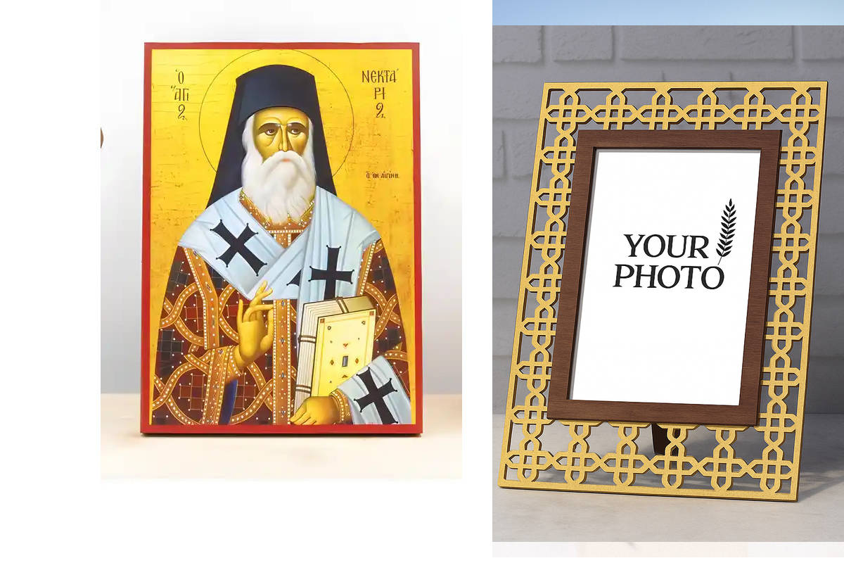 Εικόνα Ορθοδοξίας Πολυτελείας  με  σχεδιο Σταυρούς μαζι με  Βάση σε  8 χρώματα με περίγραμμα χρυσό σε ξύλο Plywood (Πλακάζ)   με  βάση Άγιος Νεκτάριος Μητροπολίτης Πενταπόλεως και Θαυματουργός Αίγινας, Ξύλινη Χειροποίητη Εικόνα Ελληνικής Βυζαντινής Τεχνοτ