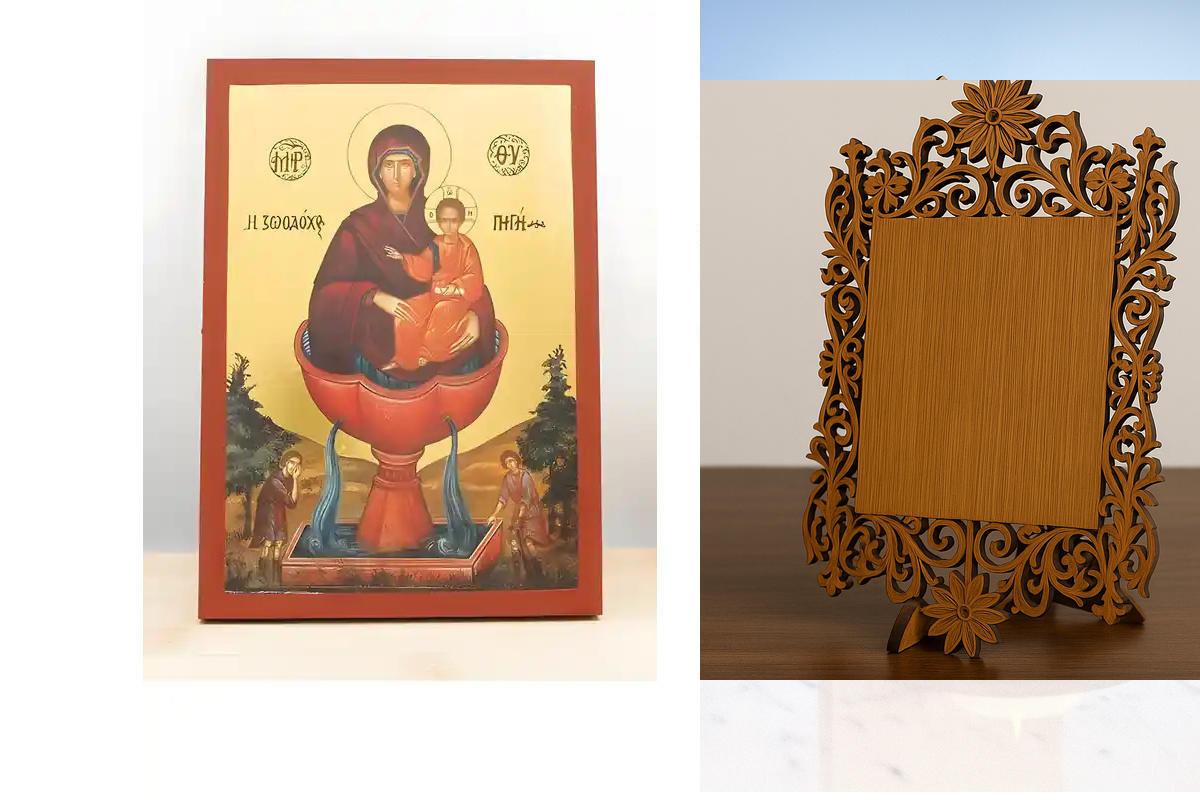 Σετ 2 τεμαχίων – Εικόνα Ορθοδοξίας Δαντέλα μαζι με  Βάση σε  8 χρώματα με περίγραμμα χρυσό σε ξύλο Plywood (Πλακάζ)   με  βάση Παναγία η Ζωοδόχος Πηγή με τον Ιησού, Ξύλινη Χειροποίητη Εικόνα με Ψηφιακή Εκτύπωση Ελληνικό Premium Βυζαντινού Στυλ Κρεμαστό το