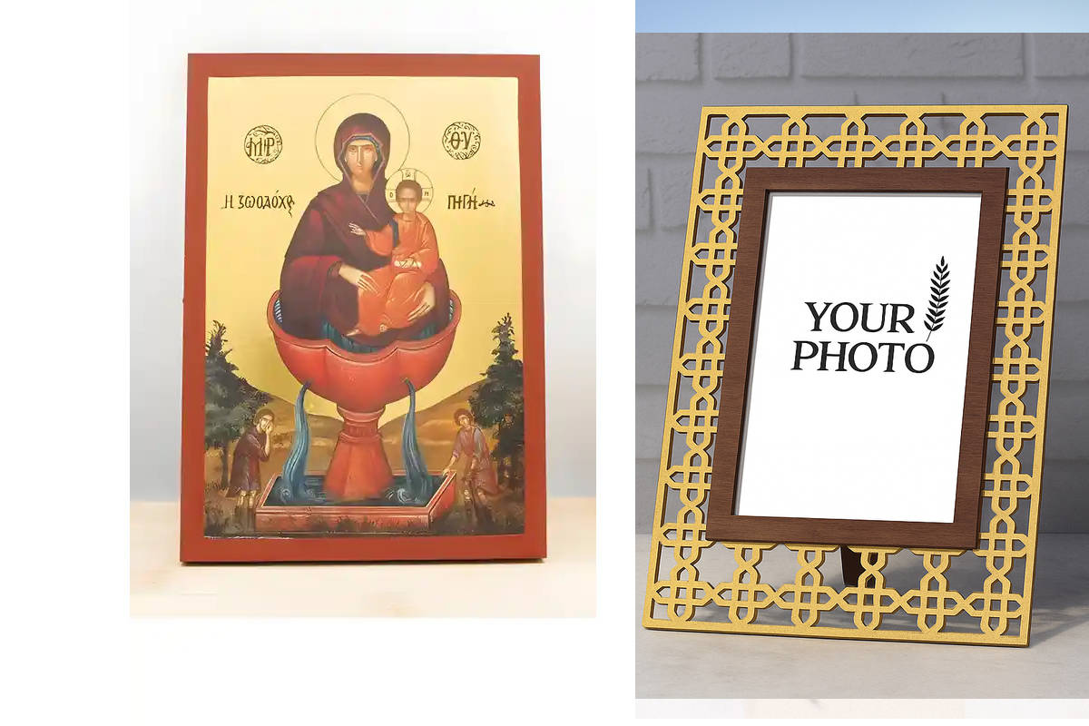 Εικόνα Ορθοδοξίας Πολυτελείας  με  σχεδιο Σταυρούς μαζι με  Βάση σε  8 χρώματα με περίγραμμα χρυσό σε ξύλο Plywood (Πλακάζ)   με  βάση Παναγία η Ζωοδόχος Πηγή με τον Ιησού, Ξύλινη Χειροποίητη Εικόνα με Ψηφιακή Εκτύπωση Ελληνικό Premium Βυζαντινού Στυλ Κρε