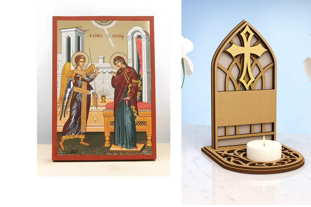 Εικόνα Ορθοδοξίας Καντηλάκι σε  8 χρώματα με περίγραμμα χρυσό σε ξύλο Plywood (Πλακάζ)   με  βάση Ευαγγελισμός της Θεοτόκου, Ξύλινη Χειροποίητη Εικόνα με Ψηφιακή Εκτύπωση Ελληνικό Premium Βυζαντινού Στυλ Κρεμαστό στον τοίχο Θρησκευτικό Θέμα Χειροποίητη Ελ