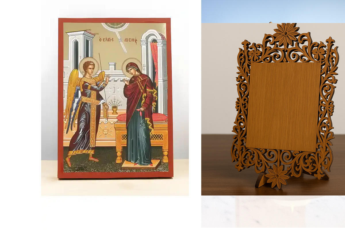 Σετ 2 τεμαχίων – Εικόνα Ορθοδοξίας Δαντέλα μαζι με  Βάση σε  8 χρώματα με περίγραμμα χρυσό σε ξύλο Plywood (Πλακάζ)   με  βάση Ευαγγελισμός της Θεοτόκου, Ξύλινη Χειροποίητη Εικόνα με Ψηφιακή Εκτύπωση Ελληνικό Premium Βυζαντινού Στυλ Κρεμαστό στον τοίχο Θρ