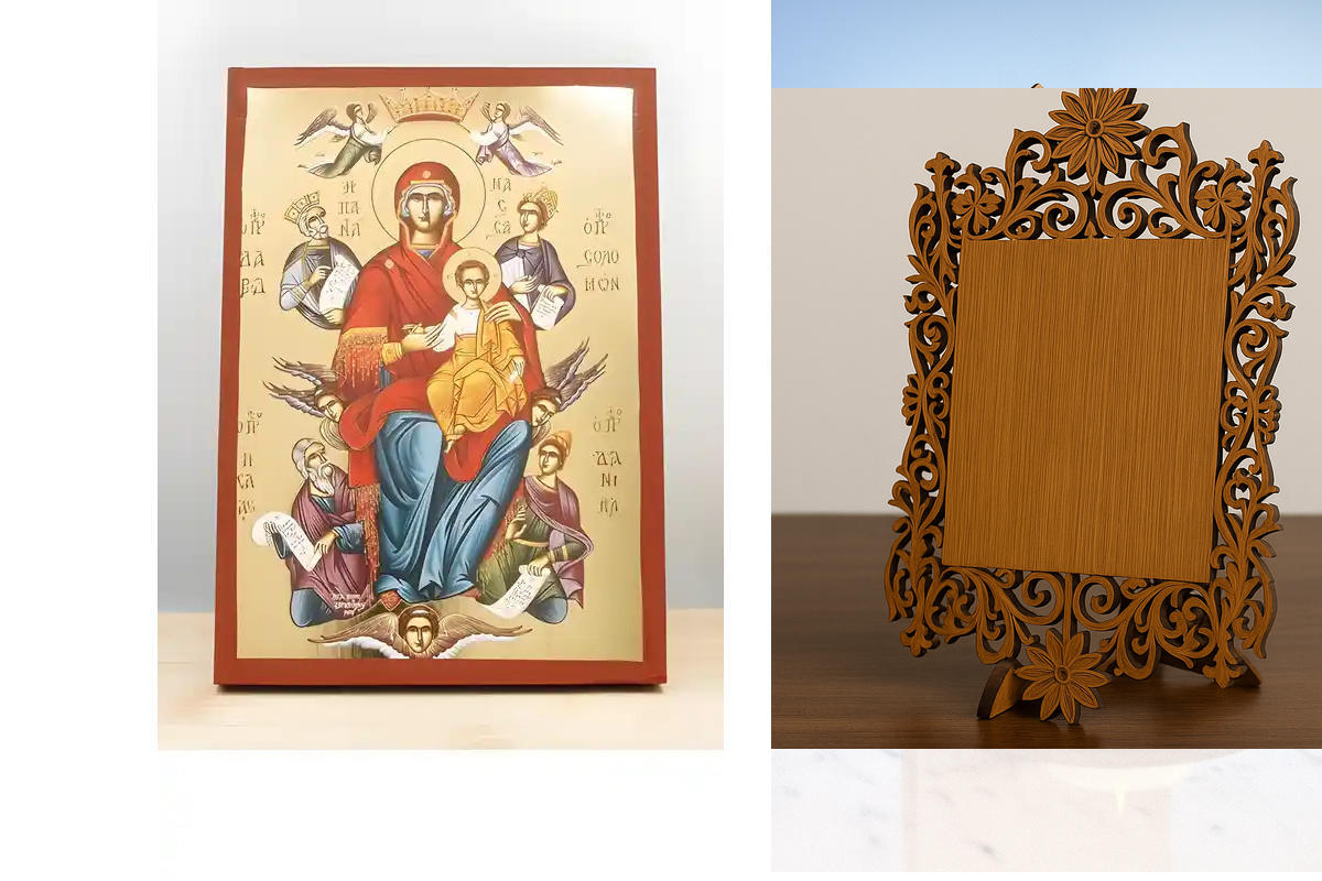 Εικόνα Ορθοδοξίας Δαντέλα μαζι με  Βάση σε  8 χρώματα με περίγραμμα χρυσό σε ξύλο Plywood (Πλακάζ)   με  βάση Παναγία Ένθρονη Βασίλισσα του Σύμπαντος «Παντάνασα» με τον Ιησού, Ξύλινη Χειροποίητη Εικόνα με Φύλλο Χρυσού Ελληνικού Βυζαντινού Στυλ Χειροποίητη