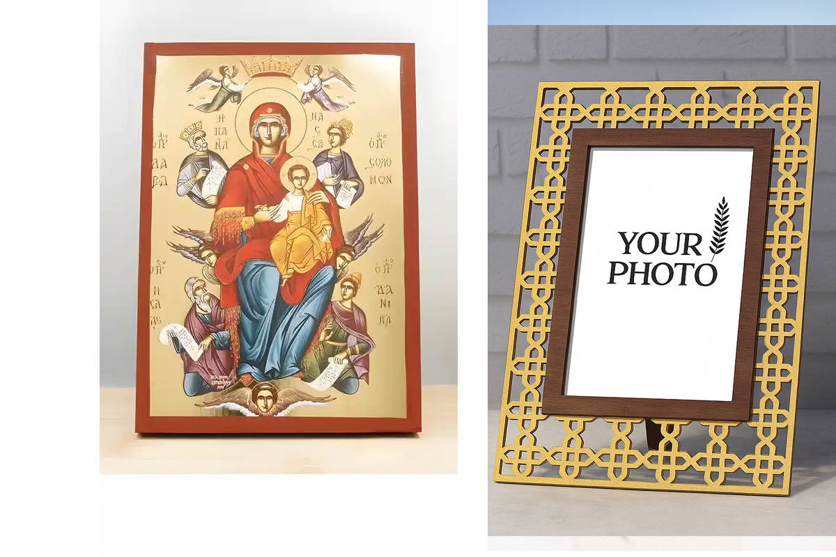 Εικόνα Ορθοδοξίας Πολυτελείας  με  σχεδιο Σταυρούς μαζι με  Βάση σε  8 χρώματα με περίγραμμα χρυσό σε ξύλο Plywood (Πλακάζ)   με  βάση Παναγία Ένθρονη Βασίλισσα του Σύμπαντος «Παντάνασα» με τον Ιησού, Ξύλινη Χειροποίητη Εικόνα με Φύλλο Χρυσού Ελληνικού Βυ