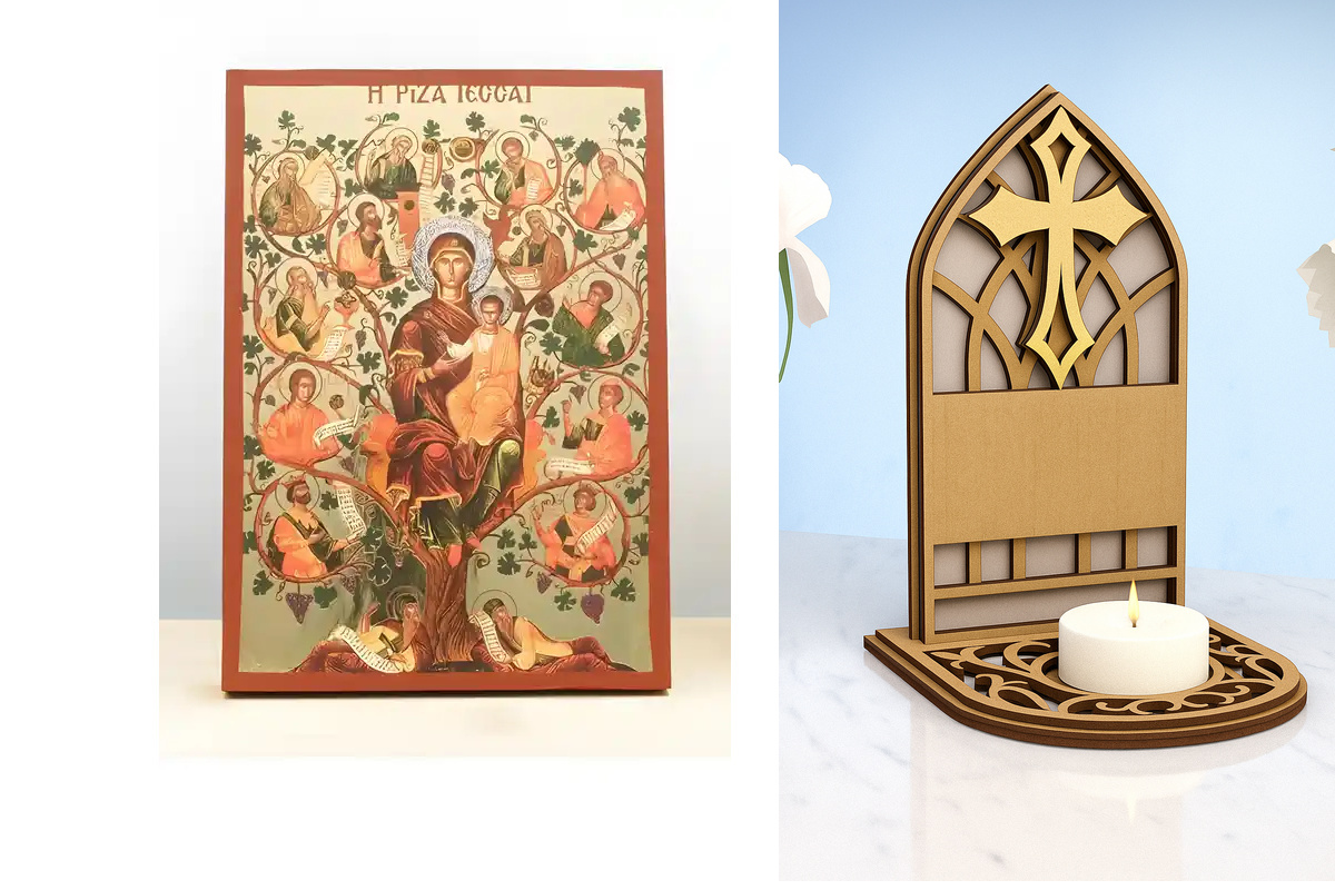 Εικόνα Ορθοδοξίας Καντηλάκι σε  8 χρώματα με περίγραμμα χρυσό σε ξύλο Plywood (Πλακάζ)   με  βάση Virgin Mary The Tree of Jesse, Ξύλινη Χειροποίητη Εικόνα με χρυσό φύλλο Ελληνικού Premium Βυζαντινού Στυλ Κρεμασμένο σε ξύλινη πλάκα Χειροποίητη Ελληνορθόδοξ