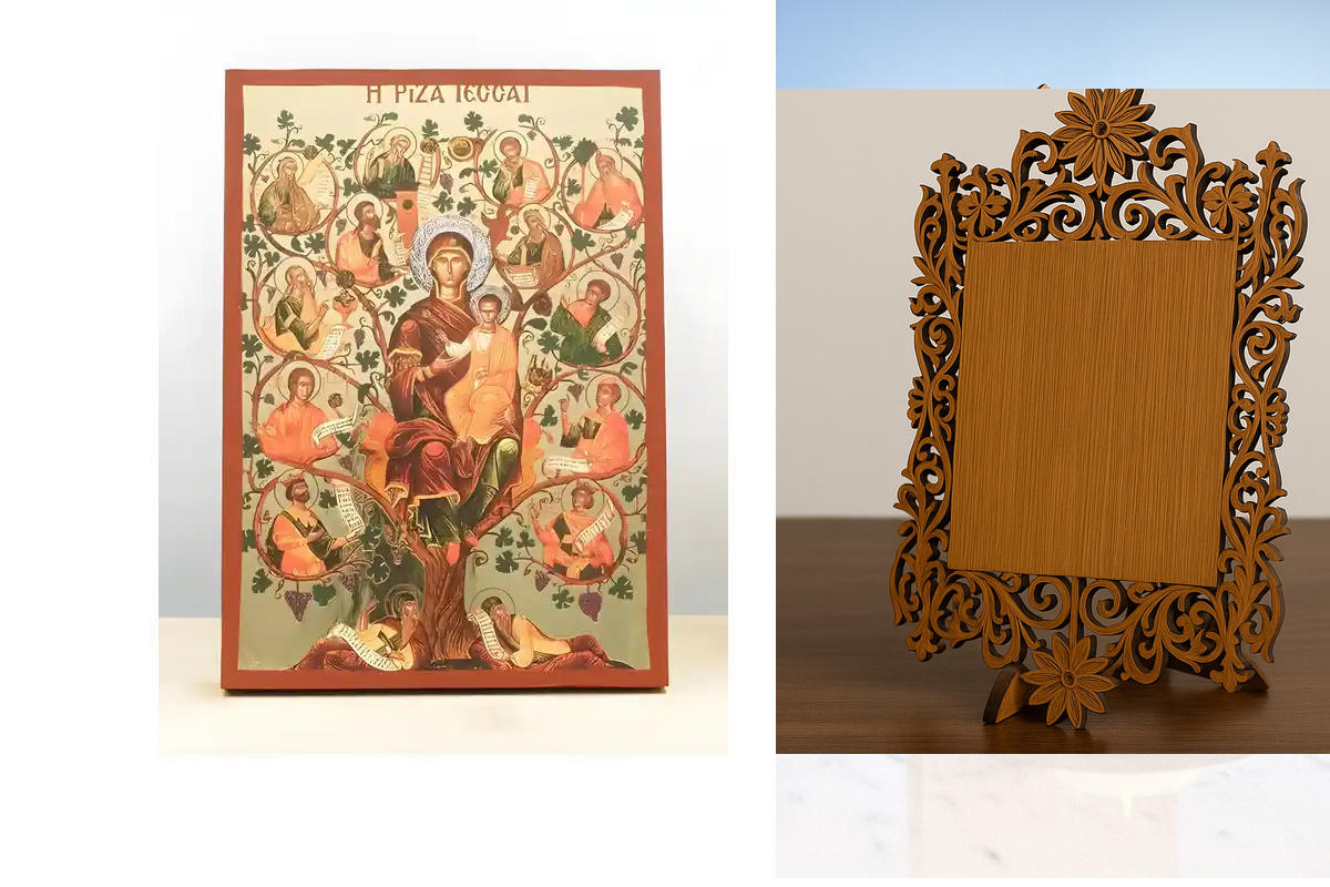 Σετ 2 τεμαχίων – Εικόνα Ορθοδοξίας Δαντέλα μαζι με  Βάση σε  8 χρώματα με περίγραμμα χρυσό σε ξύλο Plywood (Πλακάζ)   με  βάση Virgin Mary The Tree of Jesse, Ξύλινη Χειροποίητη Εικόνα με χρυσό φύλλο Ελληνικού Premium Βυζαντινού Στυλ Κρεμασμένο σε ξύλινη π