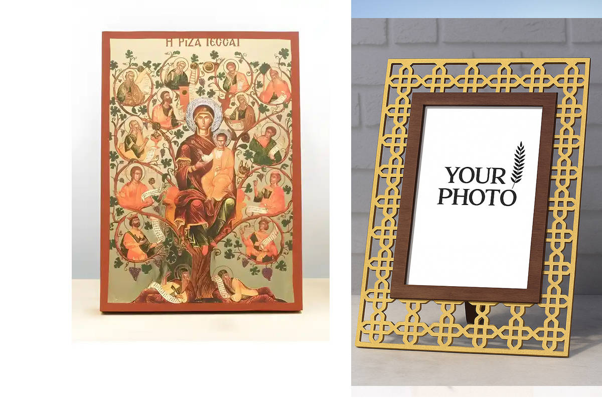 Εικόνα Ορθοδοξίας Πολυτελείας  με  σχεδιο Σταυρούς μαζι με  Βάση σε  8 χρώματα με περίγραμμα χρυσό σε ξύλο Plywood (Πλακάζ)   με  βάση Virgin Mary The Tree of Jesse, Ξύλινη Χειροποίητη Εικόνα με χρυσό φύλλο Ελληνικού Premium Βυζαντινού Στυλ Κρεμασμένο σε