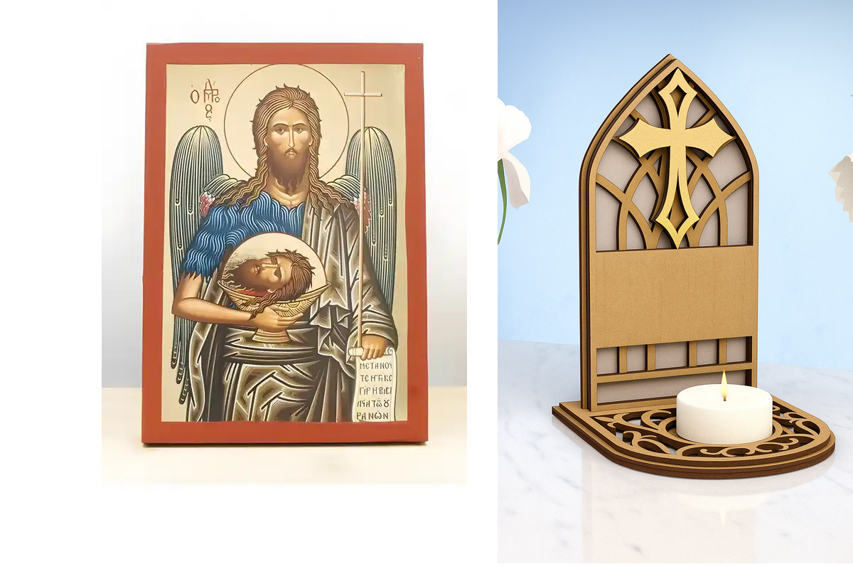 Εικόνα Ορθοδοξίας Καντηλάκι σε  8 χρώματα με περίγραμμα χρυσό σε ξύλο Plywood (Πλακάζ)   με  βάση Άγιος Ιωάννης ο Βαπτιστής, Ξύλινη χειροποίητη εικόνα με χρυσό φύλλο θρησκευτικό θέμα Ελληνικό Premium Βυζαντινού ύφους Χειροποίητη Ελληνορθόδοξη εικόνα του Ι