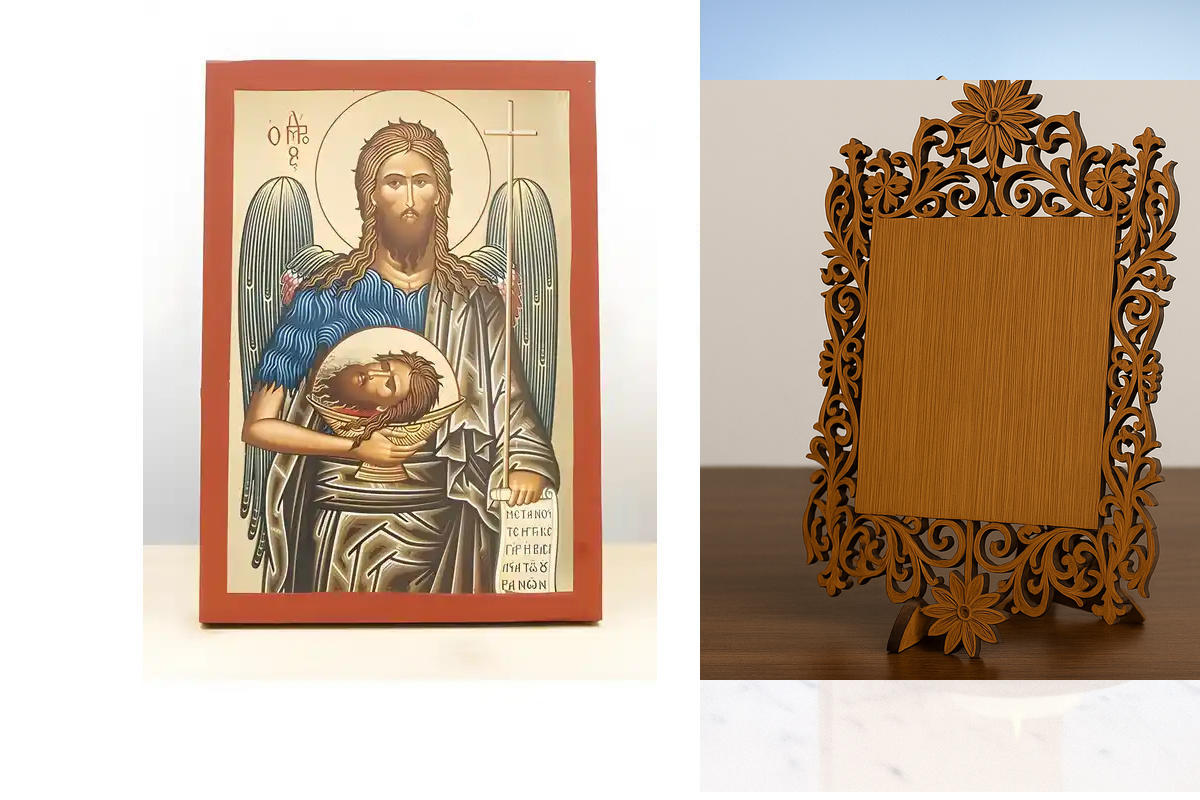 Σετ 2 τεμαχίων – Εικόνα Ορθοδοξίας Δαντέλα μαζι με  Βάση σε  8 χρώματα με περίγραμμα χρυσό σε ξύλο Plywood (Πλακάζ)   με  βάση Άγιος Ιωάννης ο Βαπτιστής, Ξύλινη χειροποίητη εικόνα με χρυσό φύλλο θρησκευτικό θέμα Ελληνικό Premium Βυζαντινού ύφους Χειροποίη