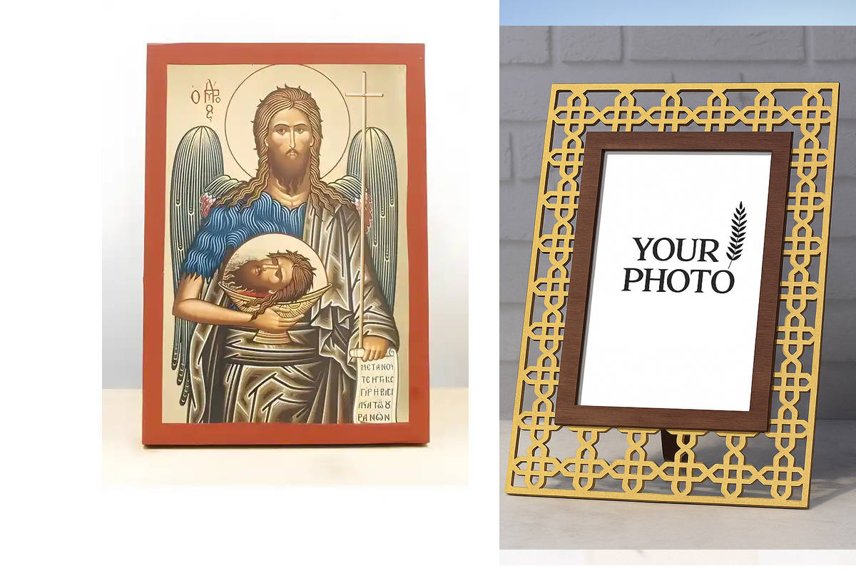 Εικόνα Ορθοδοξίας Πολυτελείας  με  σχεδιο Σταυρούς μαζι με  Βάση σε  8 χρώματα με περίγραμμα χρυσό σε ξύλο Plywood (Πλακάζ)   με  βάση Άγιος Ιωάννης ο Βαπτιστής, Ξύλινη χειροποίητη εικόνα με χρυσό φύλλο θρησκευτικό θέμα Ελληνικό Premium Βυζαντινού ύφους Χ