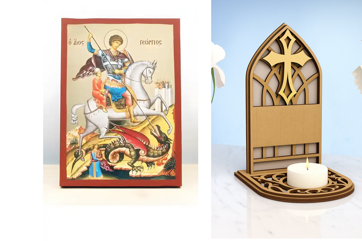 Εικόνα Ορθοδοξίας Καντηλάκι σε  8 χρώματα με περίγραμμα χρυσό σε ξύλο Plywood (Πλακάζ)   με  βάση Άγιος Γεώργιος της Λύδας, Ξύλινη Χειροποίητη Εικόνα με Ψηφιακή Εκτύπωση Ελληνικό Premium Βυζαντινού Στυλ Κρεμαστό τοίχου Θρησκευτικό Θέμα Χειροποίητη Ελληνορ