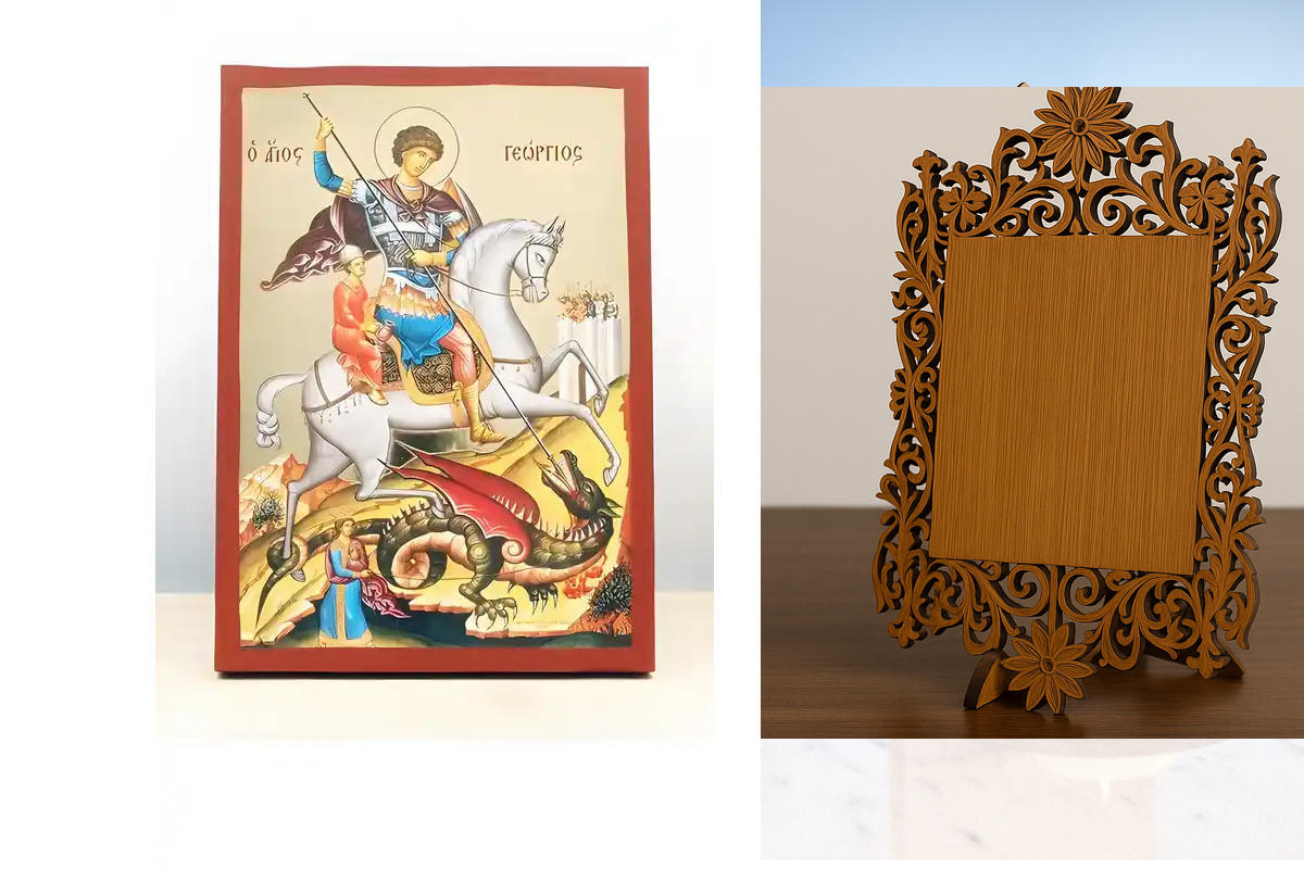 Σετ 2 τεμαχίων – Εικόνα Ορθοδοξίας Δαντέλα μαζι με  Βάση σε  8 χρώματα με περίγραμμα χρυσό σε ξύλο Plywood (Πλακάζ)   με  βάση Άγιος Γεώργιος της Λύδας, Ξύλινη Χειροποίητη Εικόνα με Ψηφιακή Εκτύπωση Ελληνικό Premium Βυζαντινού Στυλ Κρεμαστό τοίχου Θρησκευ