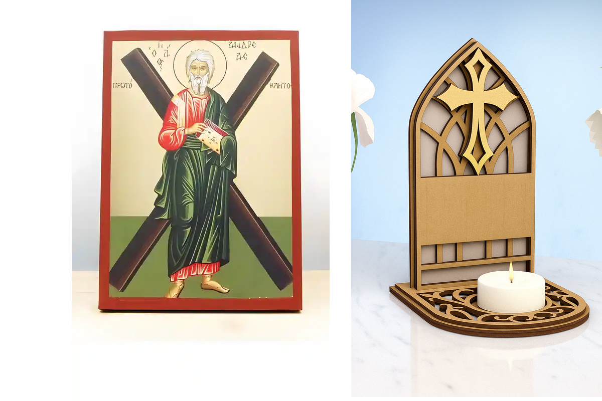 Εικόνα Ορθοδοξίας Καντηλάκι σε  8 χρώματα με περίγραμμα χρυσό σε ξύλο Plywood (Πλακάζ)   με  βάση Άγιος Απόστολος Ανδρέας ο Πρωτόκλητος, Ξύλινη Χειροποίητη Εικόνα με Ψηφιακή Εκτύπωση Ελληνικό Premium Βυζαντινού Στυλ Κρεμαστή στον τοίχο Θρησκευτικό Θέμα Χε