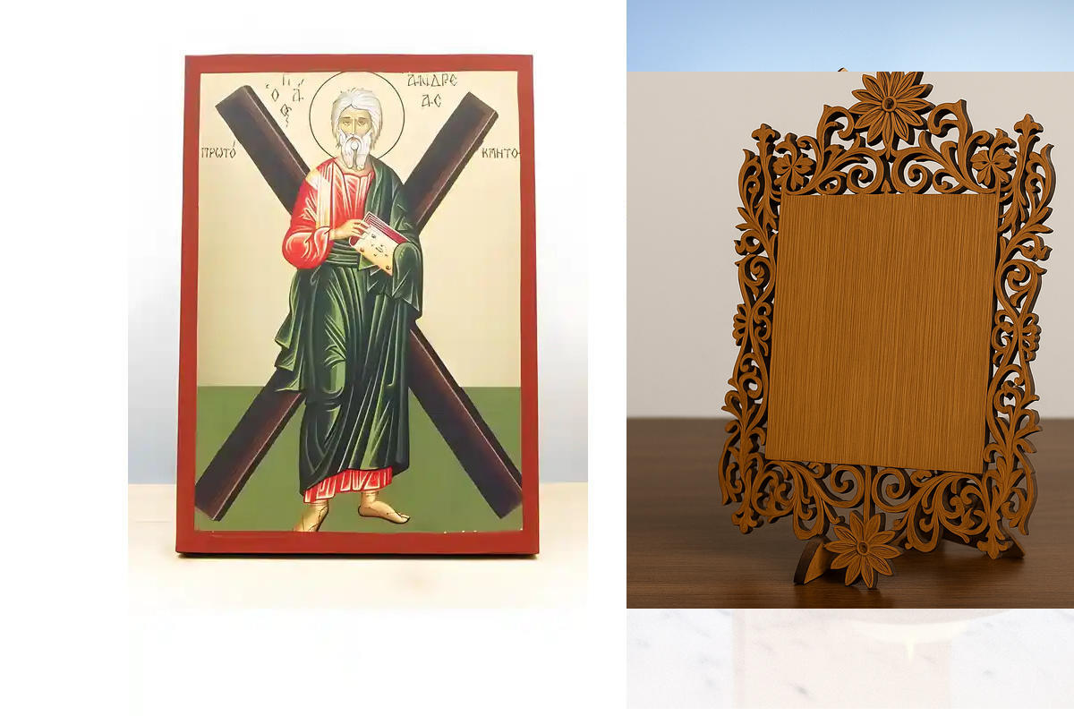 Σετ 2 τεμαχίων – Εικόνα Ορθοδοξίας Δαντέλα μαζι με  Βάση σε  8 χρώματα με περίγραμμα χρυσό σε ξύλο Plywood (Πλακάζ)   με  βάση Άγιος Απόστολος Ανδρέας ο Πρωτόκλητος, Ξύλινη Χειροποίητη Εικόνα με Ψηφιακή Εκτύπωση Ελληνικό Premium Βυζαντινού Στυλ Κρεμαστή σ