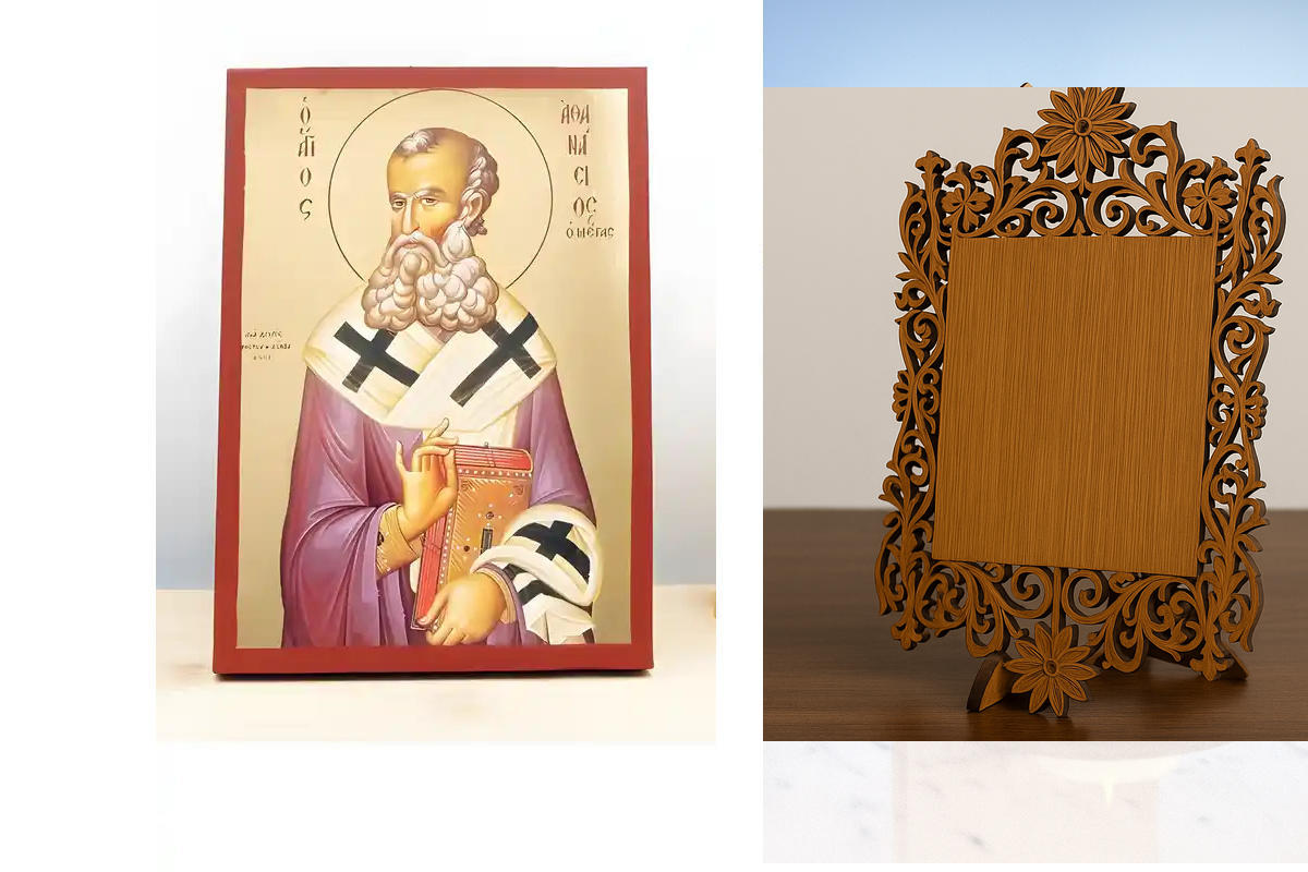 Εικόνα Ορθοδοξίας Δαντέλα μαζι με  Βάση σε  8 χρώματα με περίγραμμα χρυσό σε ξύλο Plywood (Πλακάζ)   με  βάση Άγιος Αθανάσιος Αλεξανδρείας, Ξύλινη Χειροποίητη Εικόνα με Ψηφιακή Εκτύπωση Ελληνικό Premium Βυζαντινού Στυλ Κρεμαστό τοίχου Θρησκευτικό Θέμα Χει