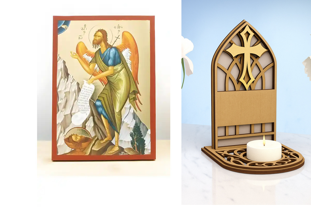 Εικόνα Ορθοδοξίας Καντηλάκι σε  8 χρώματα με περίγραμμα χρυσό σε ξύλο Plywood (Πλακάζ)   με  βάση Άγιος Ιωάννης ο Βαπτιστής Άγγελος της Ερήμου, Ξύλινη Χειροποίητη Εικόνα με Ψηφιακή Εκτύπωση Ελληνικό Premium Βυζαντινού Στυλ Κρεμαστό στον τοίχο θρησκευτικό